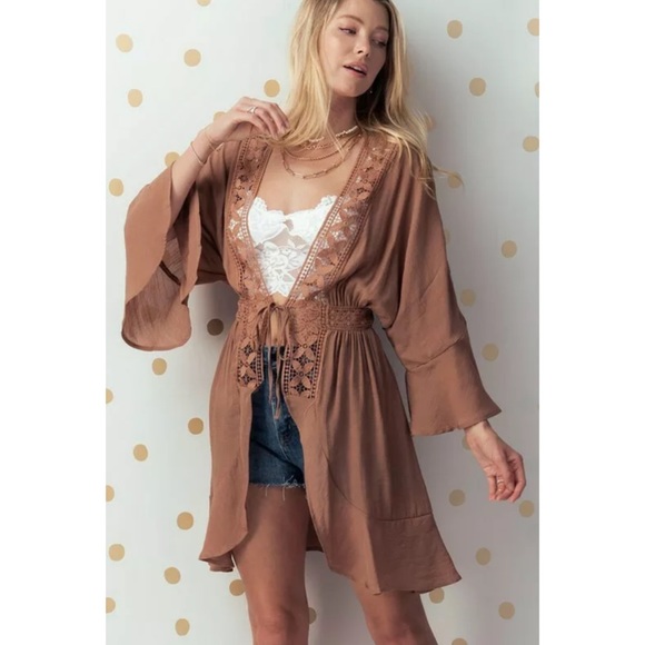 CLEARANCE Mocha Boho Crochet Ruffle Bell Sleeve Cardigan - Picture 2 of 4